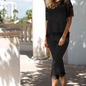 Sort Manuela blomstret blonder t-shirt & 3/4 bukser